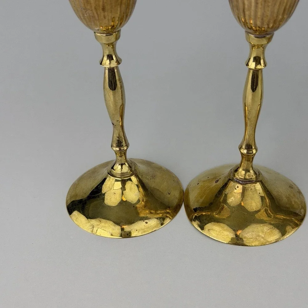 Vintage Brass Champagne Flutes Set of 4 Ribbed Fluted Goblets 9